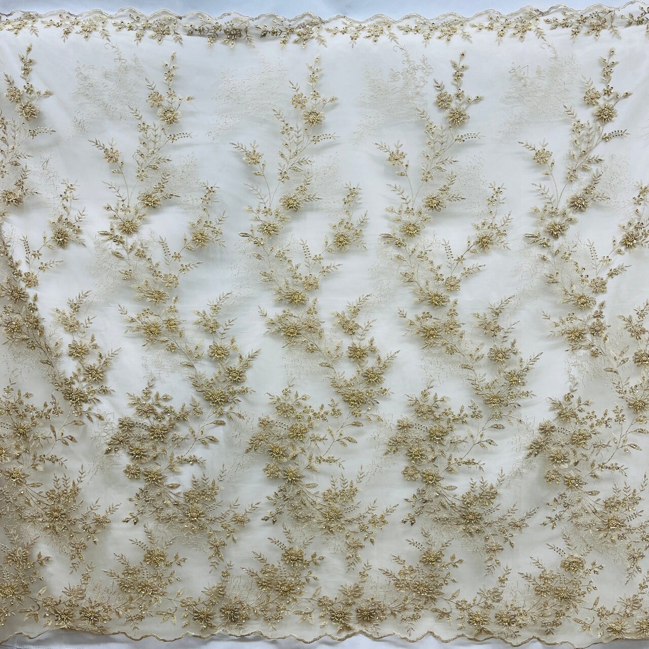 1 Yard Beaded Floral Lace Fabric Embroidered on 100% Polyester Net Mesh 51" Width